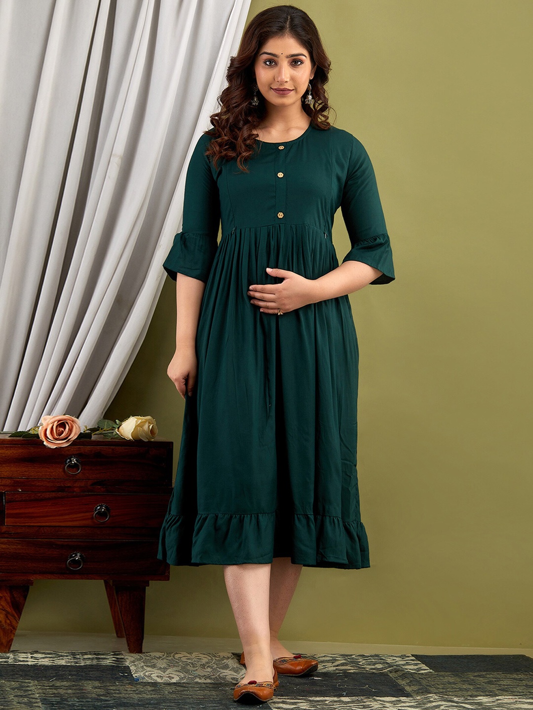 

Mialo fashion Fit & Flared Maternity Midi Ethnic Dress, Green