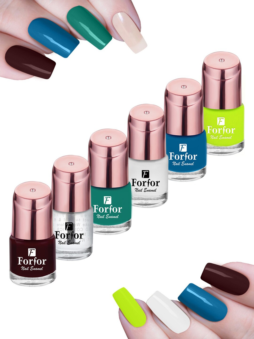 

FORFOR Set of 6 Perfect Stay Rose Gold Glossy Long-Lasting Nail Polishes - 6ml each, Blue