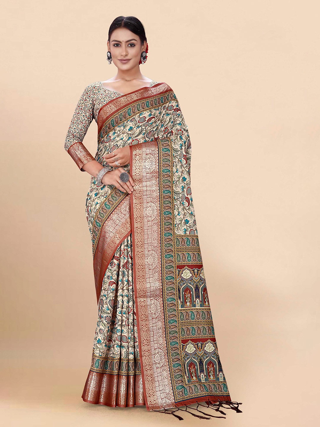 

Mitera Brown & Red Floral Prinetd Zari Pure Cotton Saree