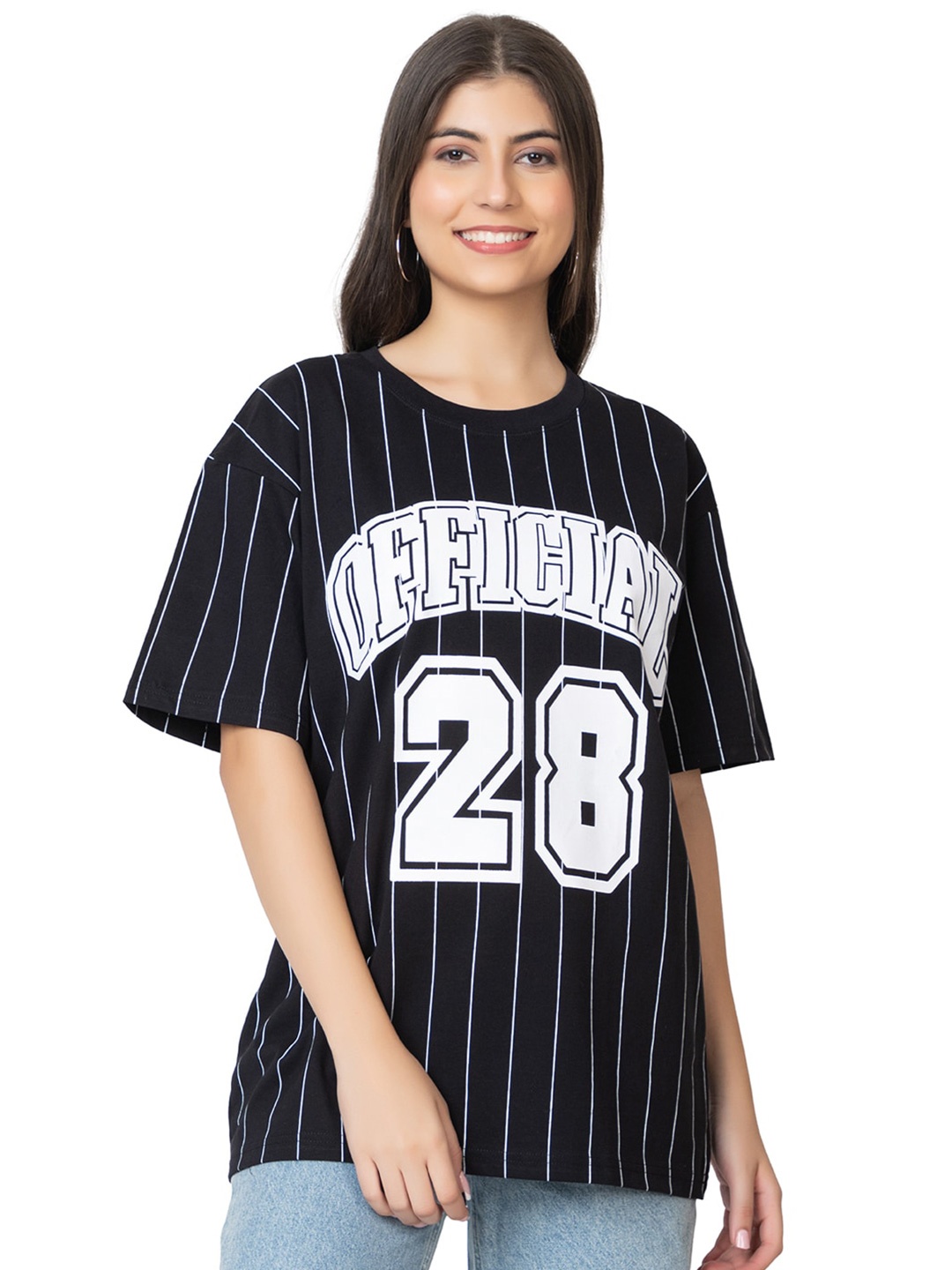 

Skidlers Striped Drop-Shoulder Cotton Loose T-shirt, Black