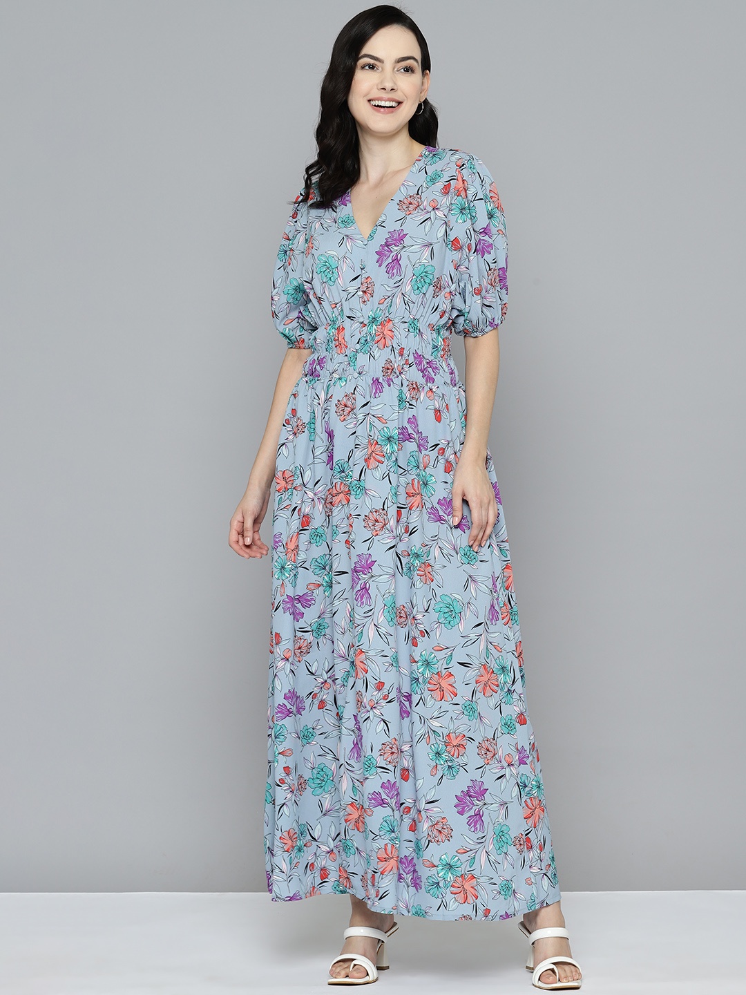 

Mast & Harbour Floral Print Puff Sleeve Crepe Maxi Dress, Turquoise blue