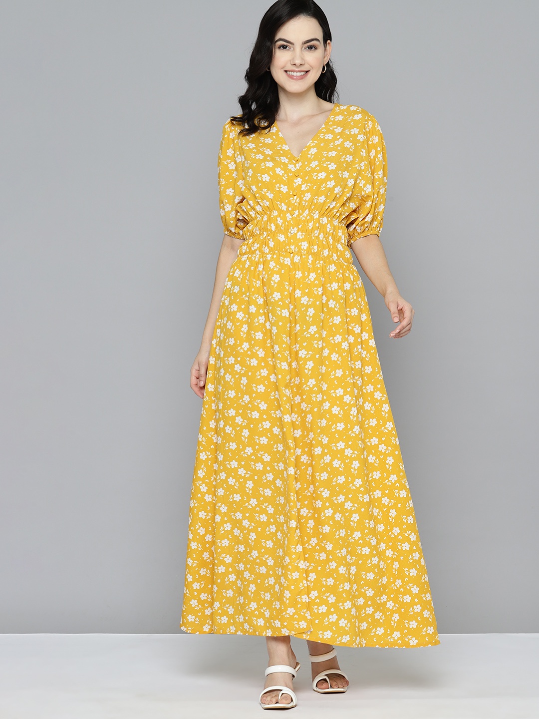 

Mast & Harbour Floral Print Puff Sleeve Crepe Maxi Dress, Yellow