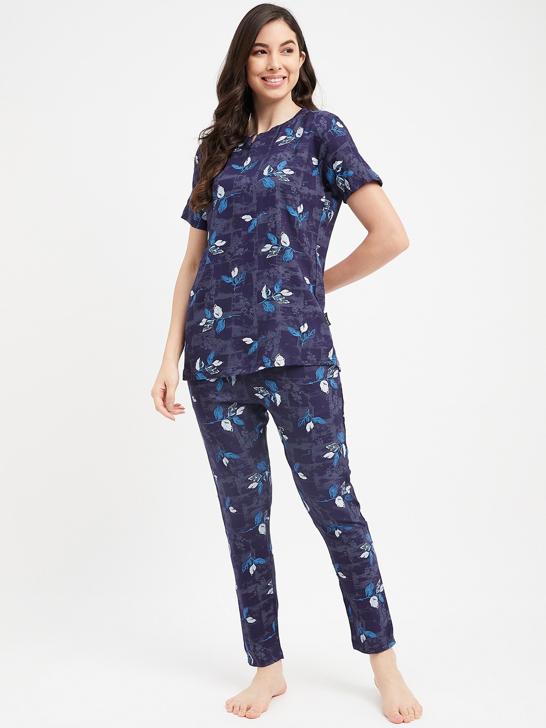 

FirstKrush Floral Printed Pure Cotton Night Suit NS20-N, Navy blue
