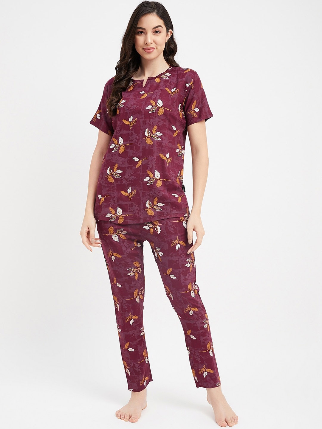 

FirstKrush Floral Printed Pure Cotton Night Suit, Maroon