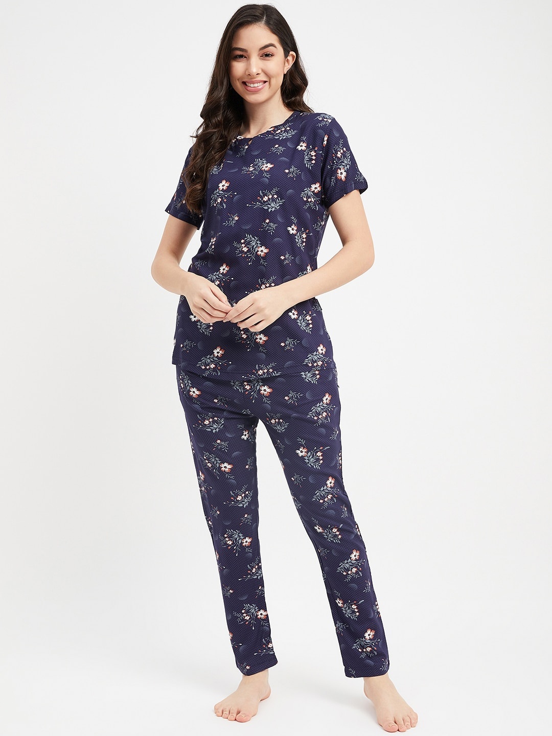 

FirstKrush Floral Printed Pure Cotton Night Suit, Navy blue