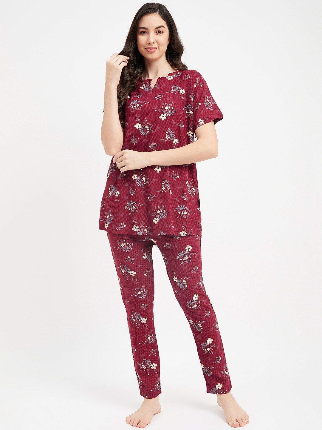 

FirstKrush Floral Printed Top With Pyjamas Night Suits, Maroon