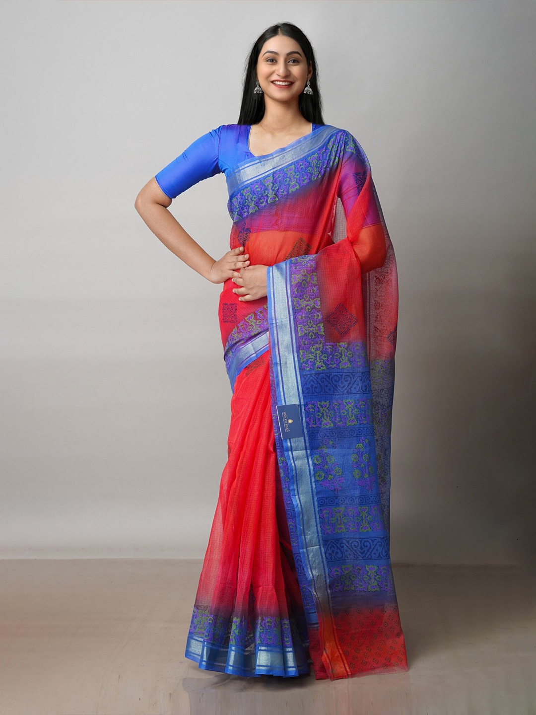 

Unnati Silks Red & Blue Ethnic Motifs Zari Pure Cotton Handloom Kota Saree