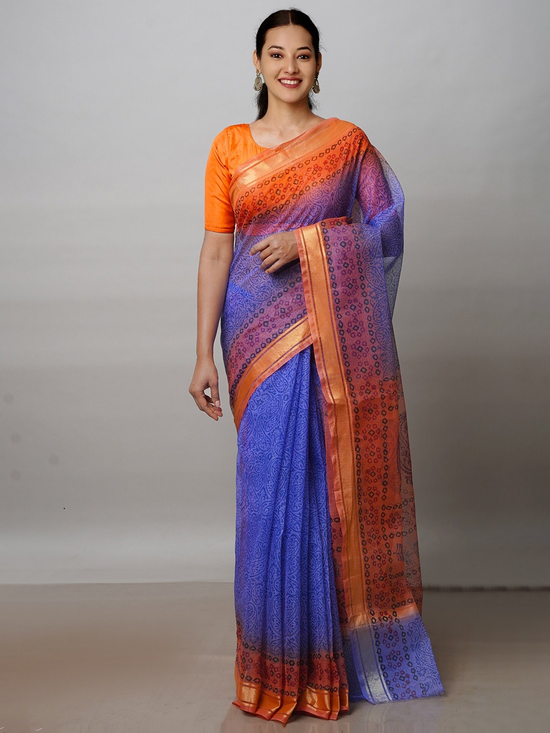 

Unnati Silks Blue & Orange Ethnic Motifs Zari Pure Cotton Handloom Kota Saree