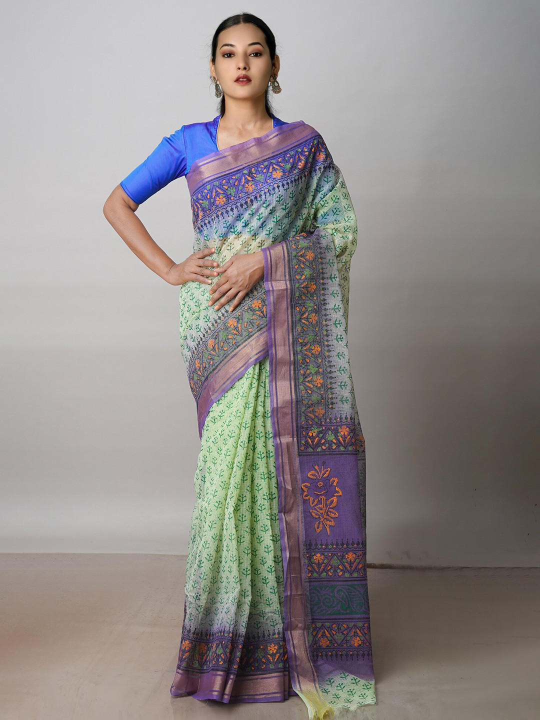 

Unnati Silks Green & Blue Ethnic Motifs Zari Pure Cotton Handloom Kota Saree
