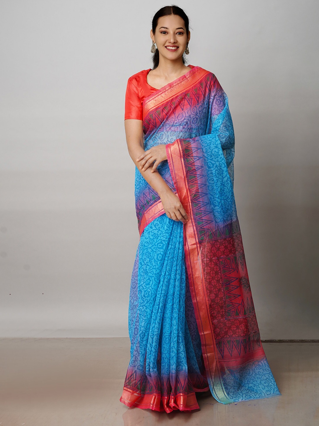 

Unnati Silks Blue & Red Ethnic Motifs Zari Pure Cotton Handloom Kota Saree