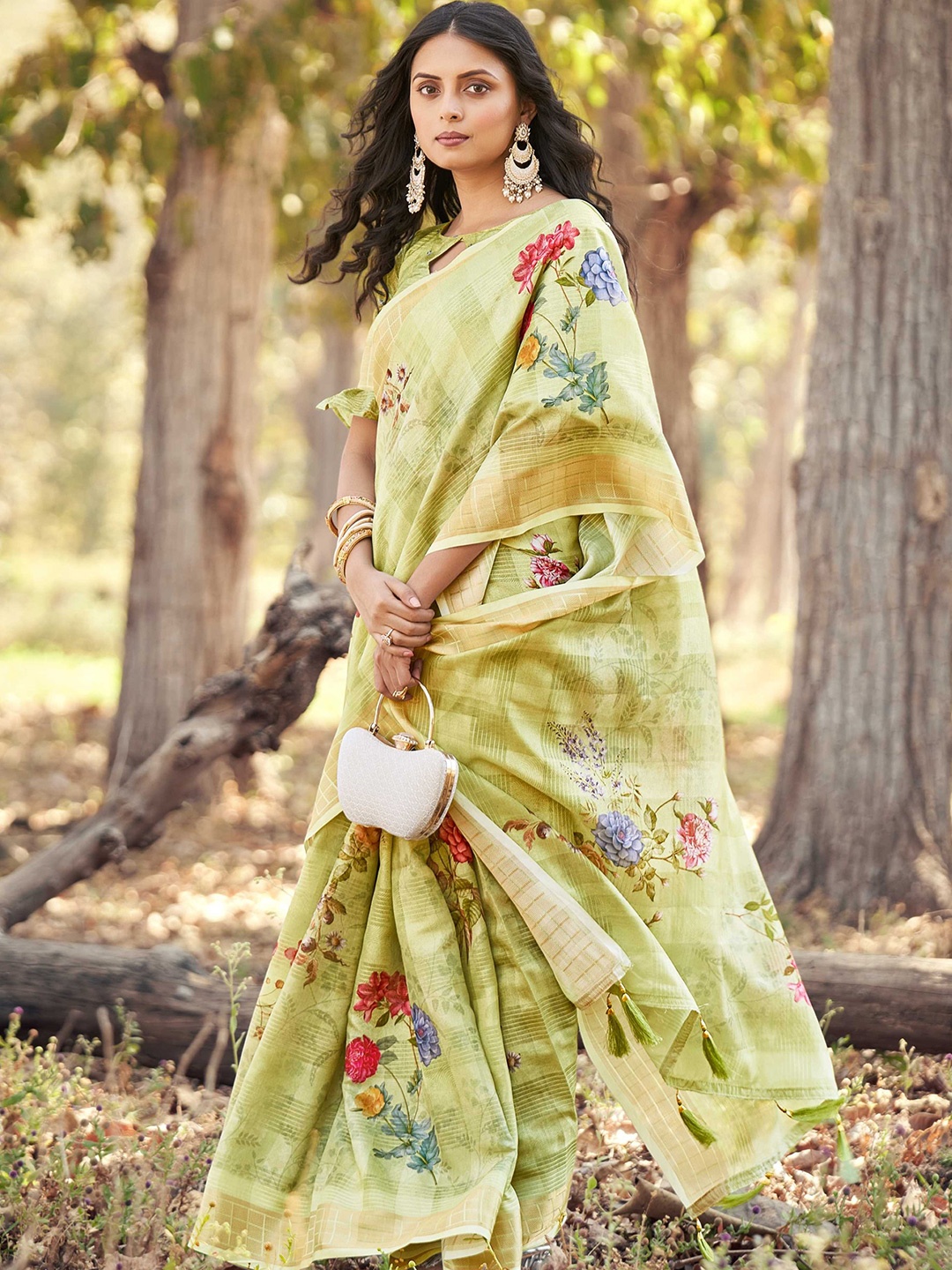 

Mitera Olive Green & Red Floral Printed Zari Pure Cotton Saree, Lime green