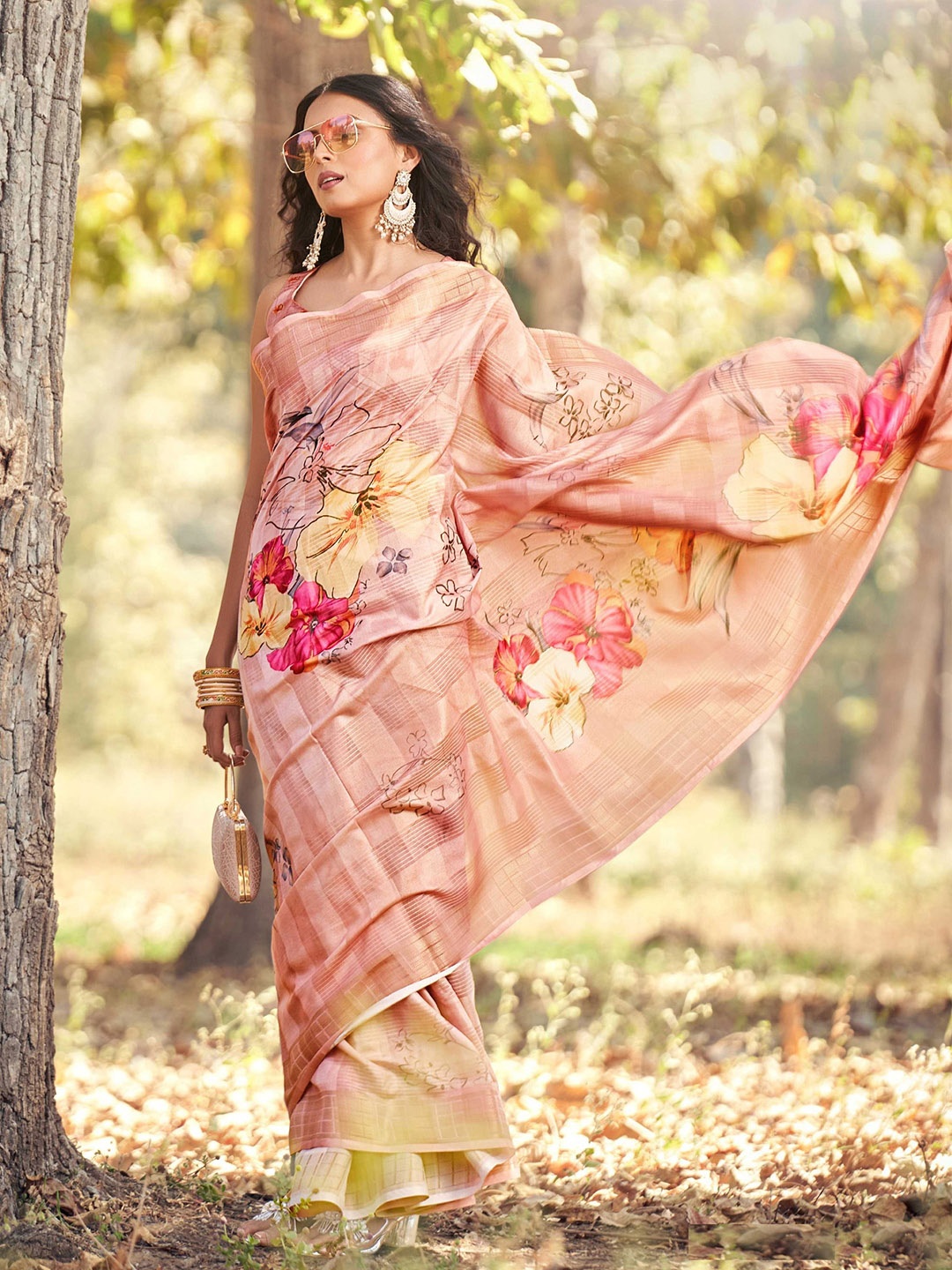 

Mitera Peach-Coloured & Yellow Floral Printed Pure Cotton Saree