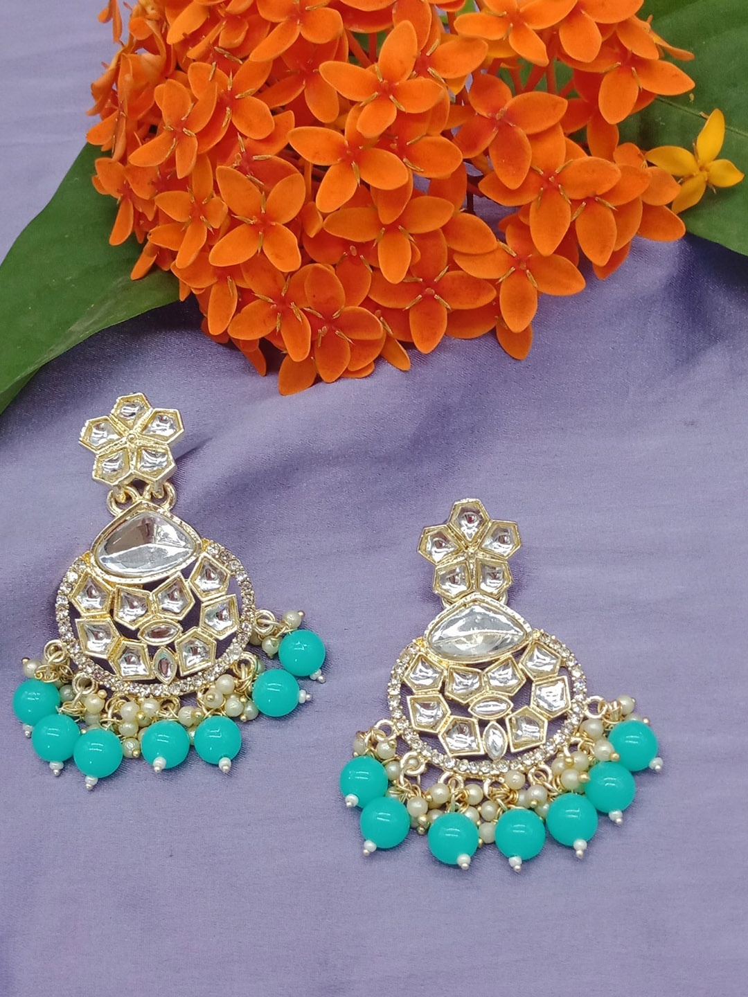 

AASHISH IMITATION Gold-Plated Contemporary Kundan Chandbalis Earrings