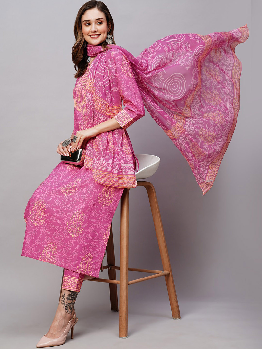 

KALINI Floral Printed Kurta With Trousers & Dupatta, Pink