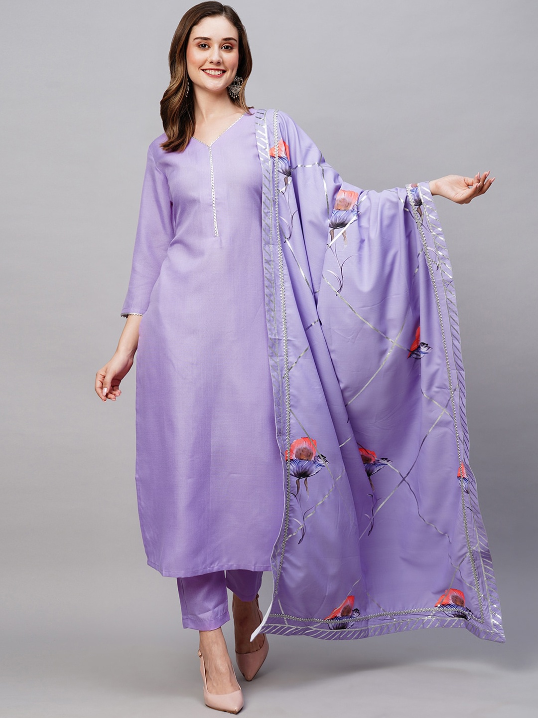 

KALINI Gotta Patti Straight Kurta With Trousers & Dupatta, Lavender