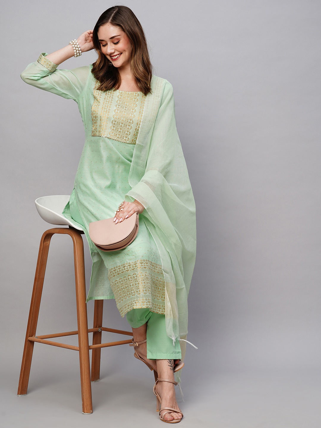 

KALINI Ethnic Motifs Woven Design Straight Kurta With Trousers & Dupatta, Green