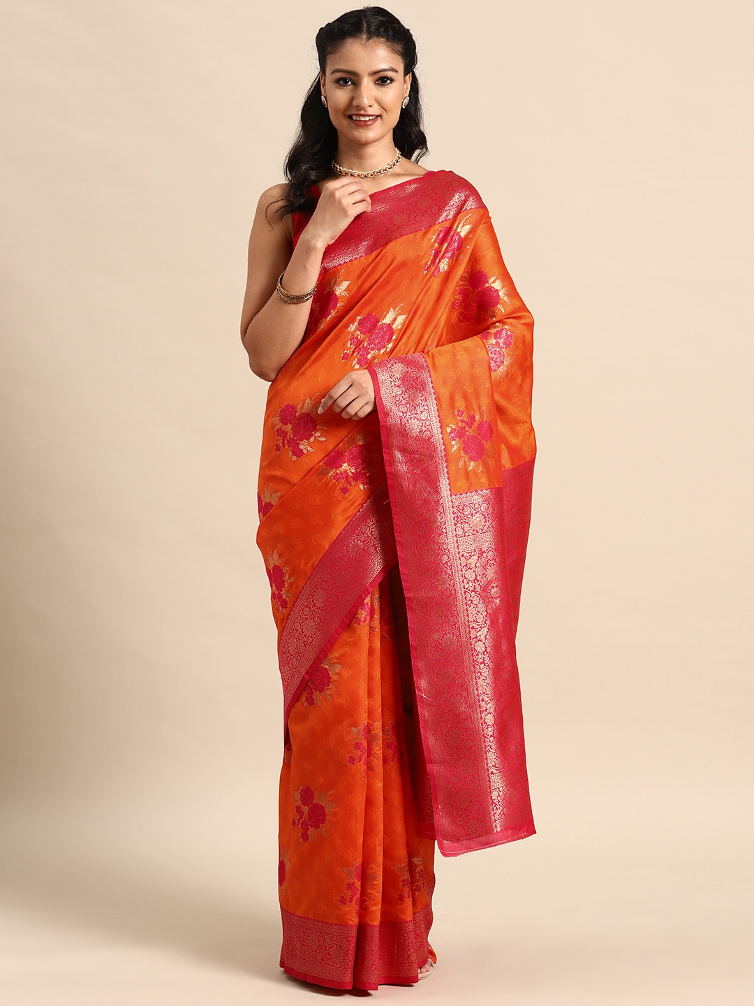 

MANOHARI Floral Zari Silk Blend Banarasi Saree, Orange