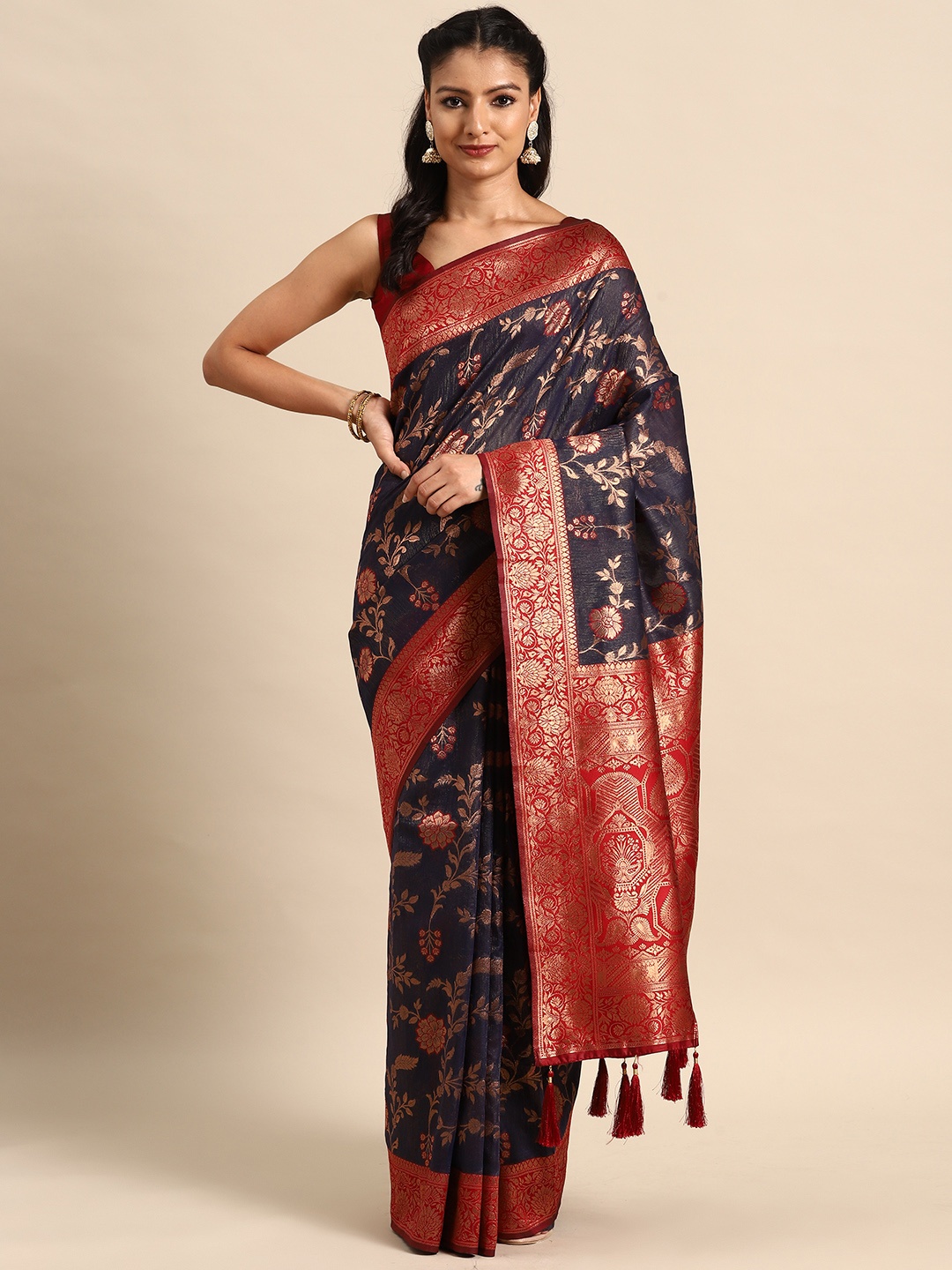 

MANOHARI Ethnic Motifs Woven Design Zari Banarasi Saree, Navy blue