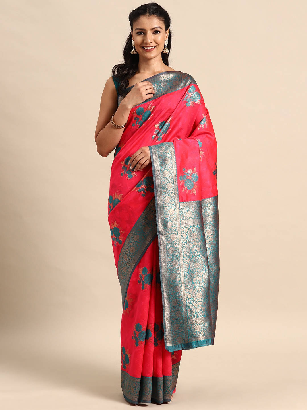 

MANOHARI Floral Woven Design Zari Banarasi Saree, Pink