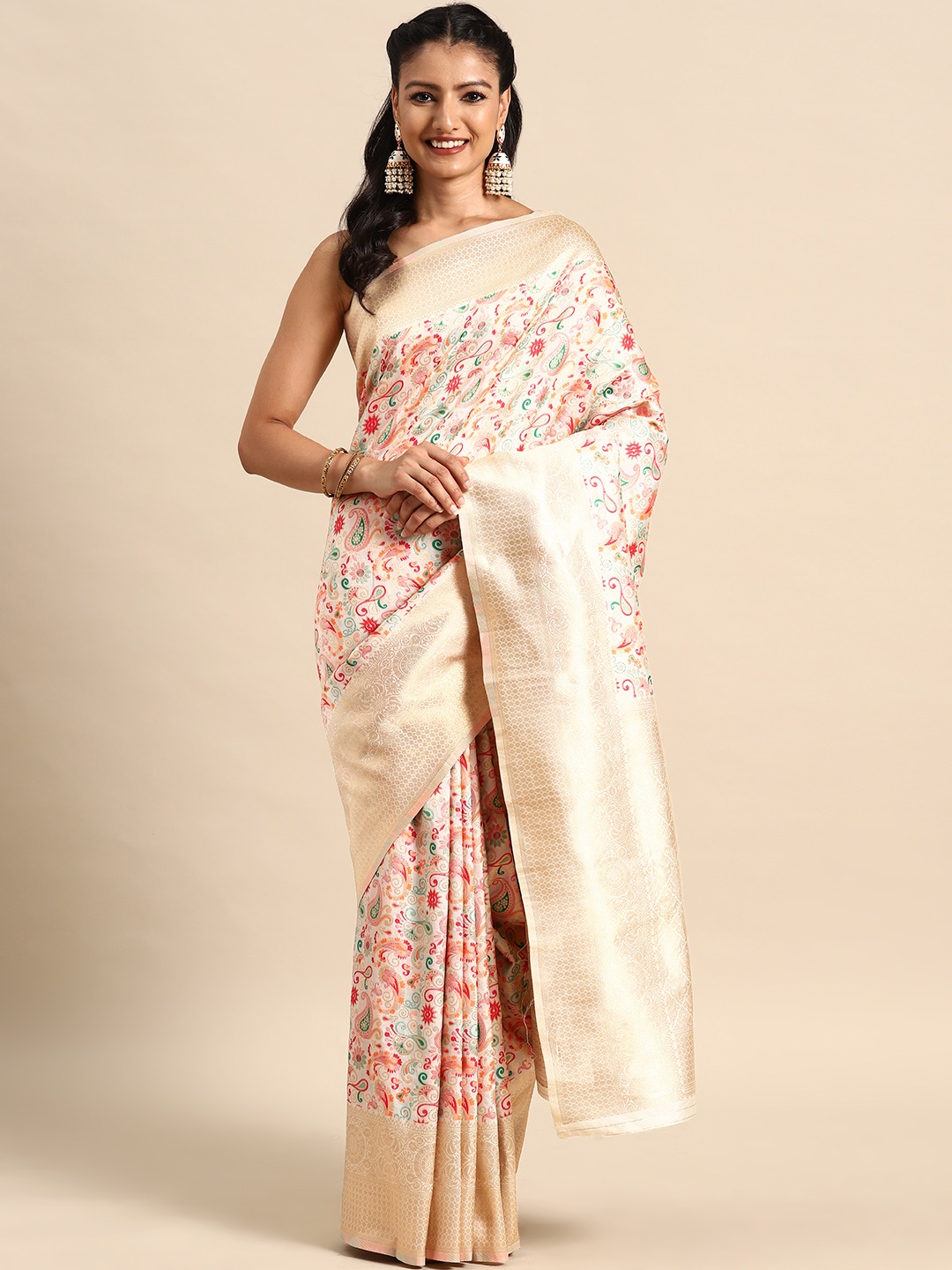 

MANOHARI Ethnic Motifs Zari Silk Blend Banarasi Saree, Beige