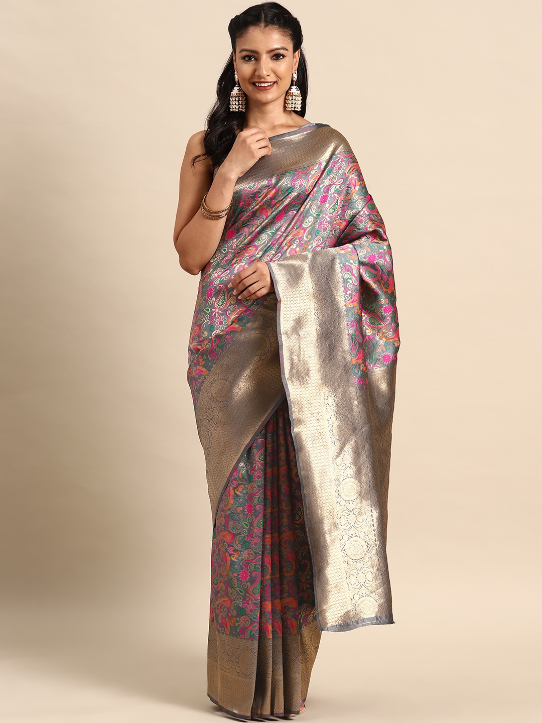 

MANOHARI Ethnic Motifs Zari Silk Blend Banarasi Saree, Grey