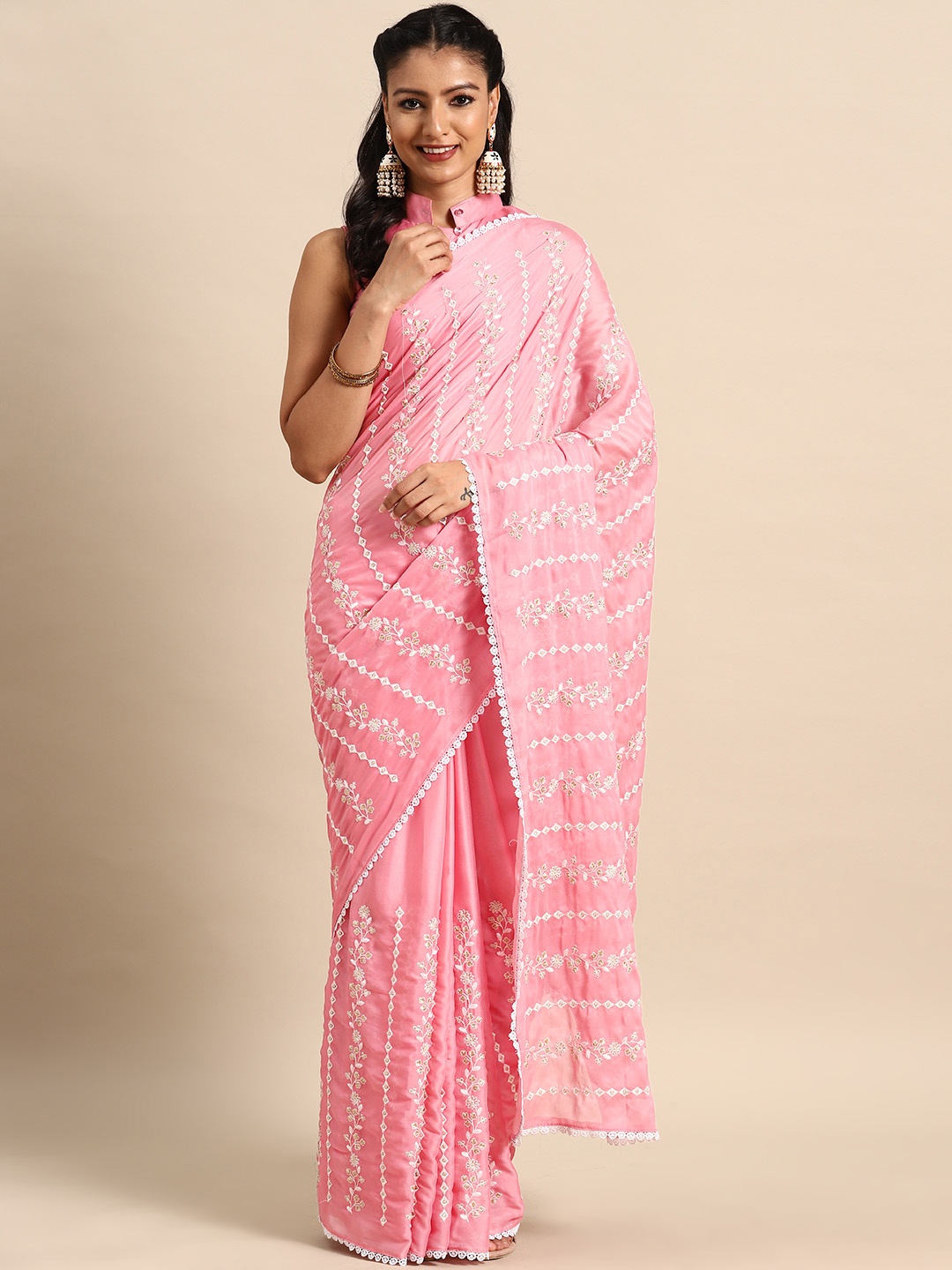 

MANOHARI Floral Gotta Patti Silk Blend Banarasi Saree, Pink