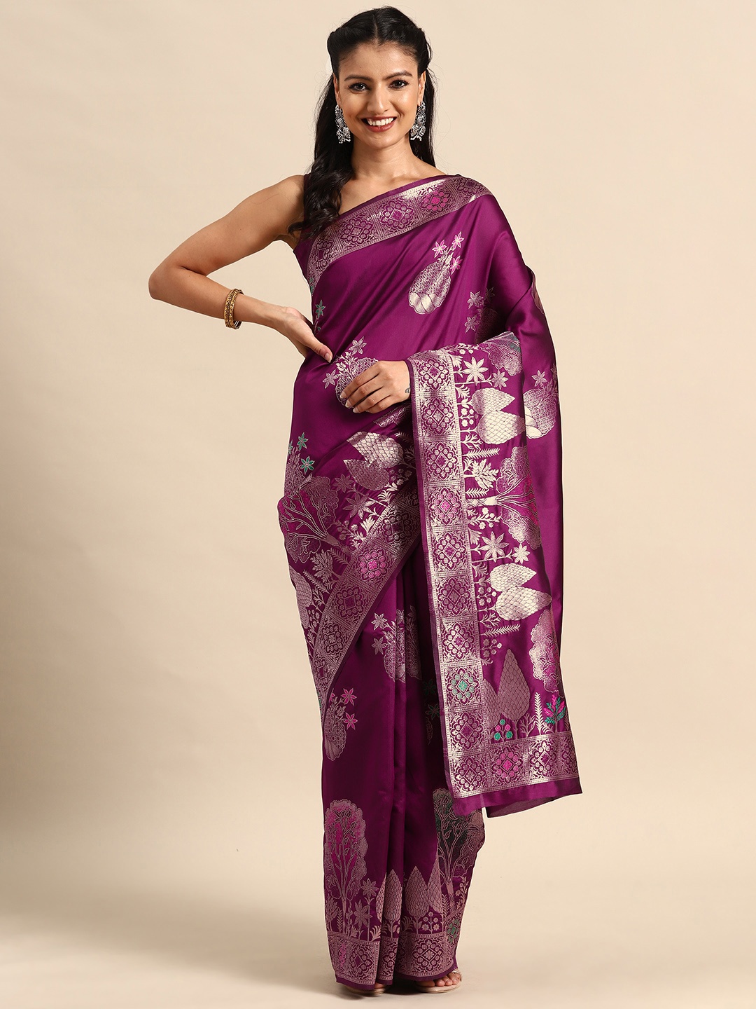 

MANOHARI Woven Design Ethnic Motifs Zari Banarasi Saree, Purple
