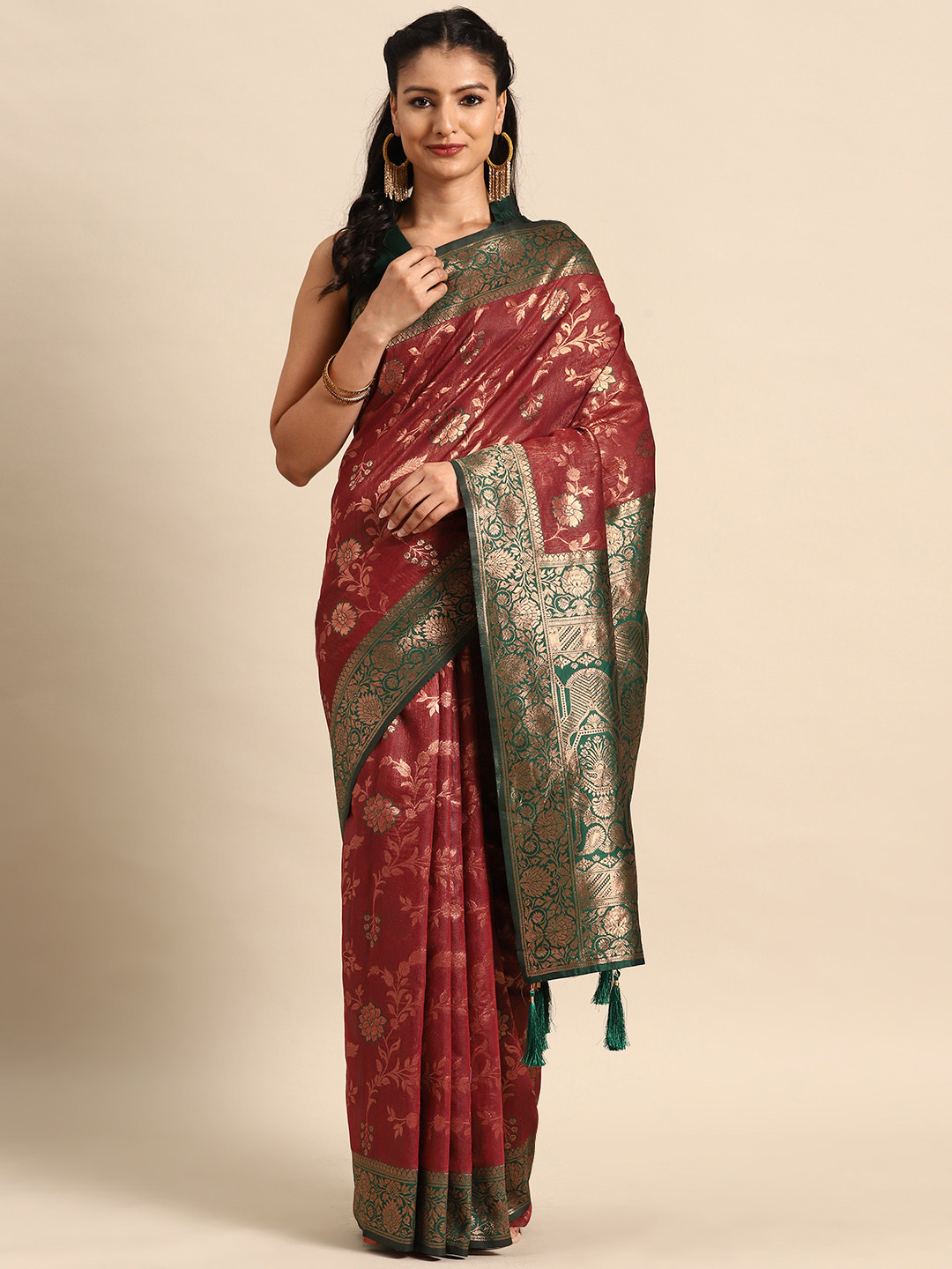 

MANOHARI Woven Design Ethnic Motifs Zari Banarasi Saree, Maroon