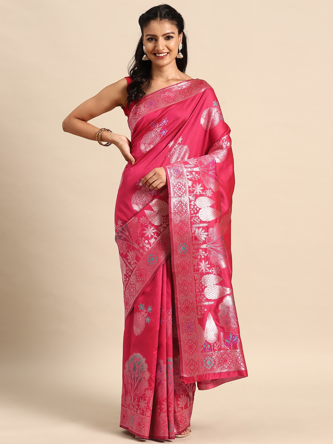 

MANOHARI Woven Design Ethnic Motifs Zari Banarasi Saree, Pink