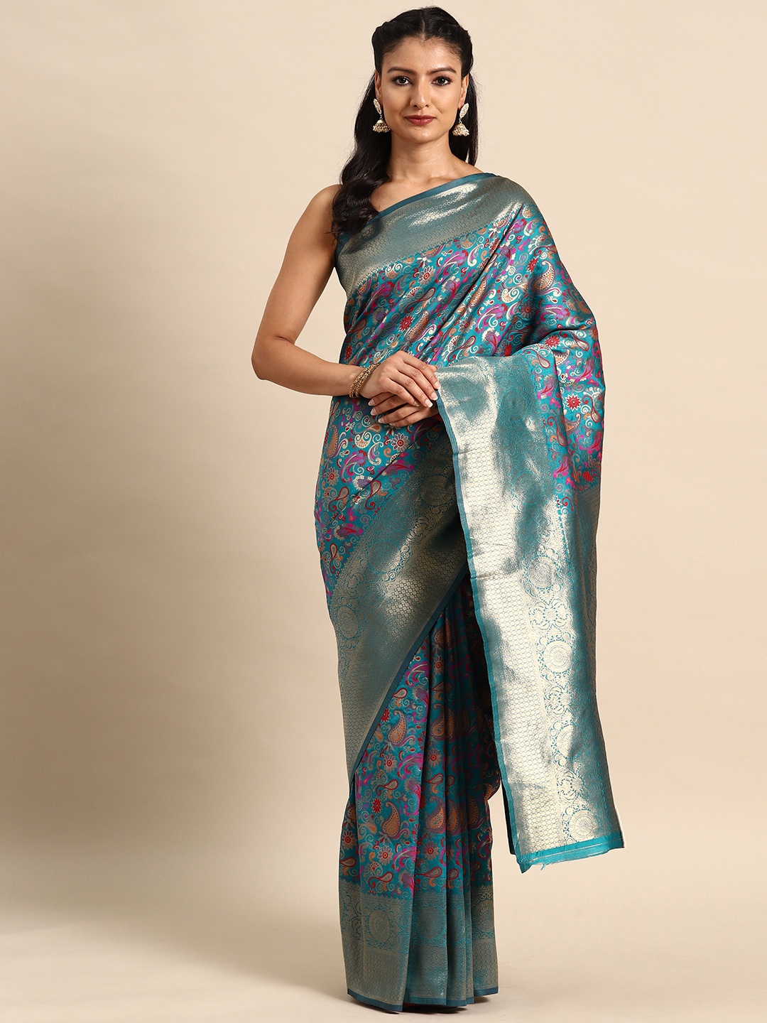 

MANOHARI Turquoise Blue & Multicoloured Ethnic Motifs Zari Silk Blend Banarasi Saree
