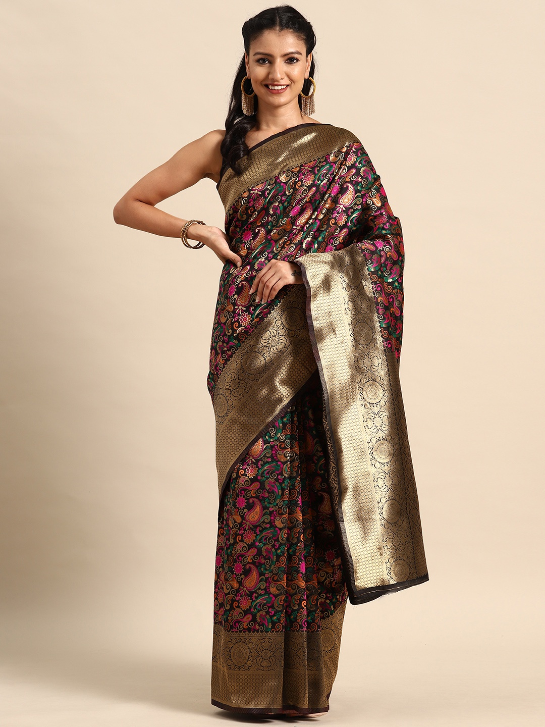 

MANOHARI Ethnic Motifs Zari Silk Blend Banarasi Saree, Black
