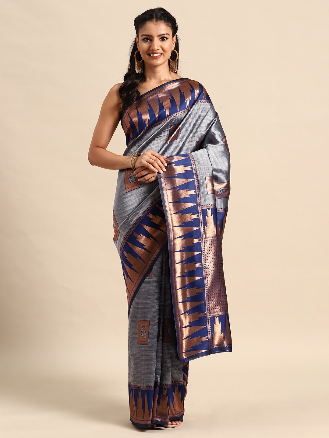 

MANOHARI Ethnic Motifs Zari Silk Blend Banarasi Saree, Blue