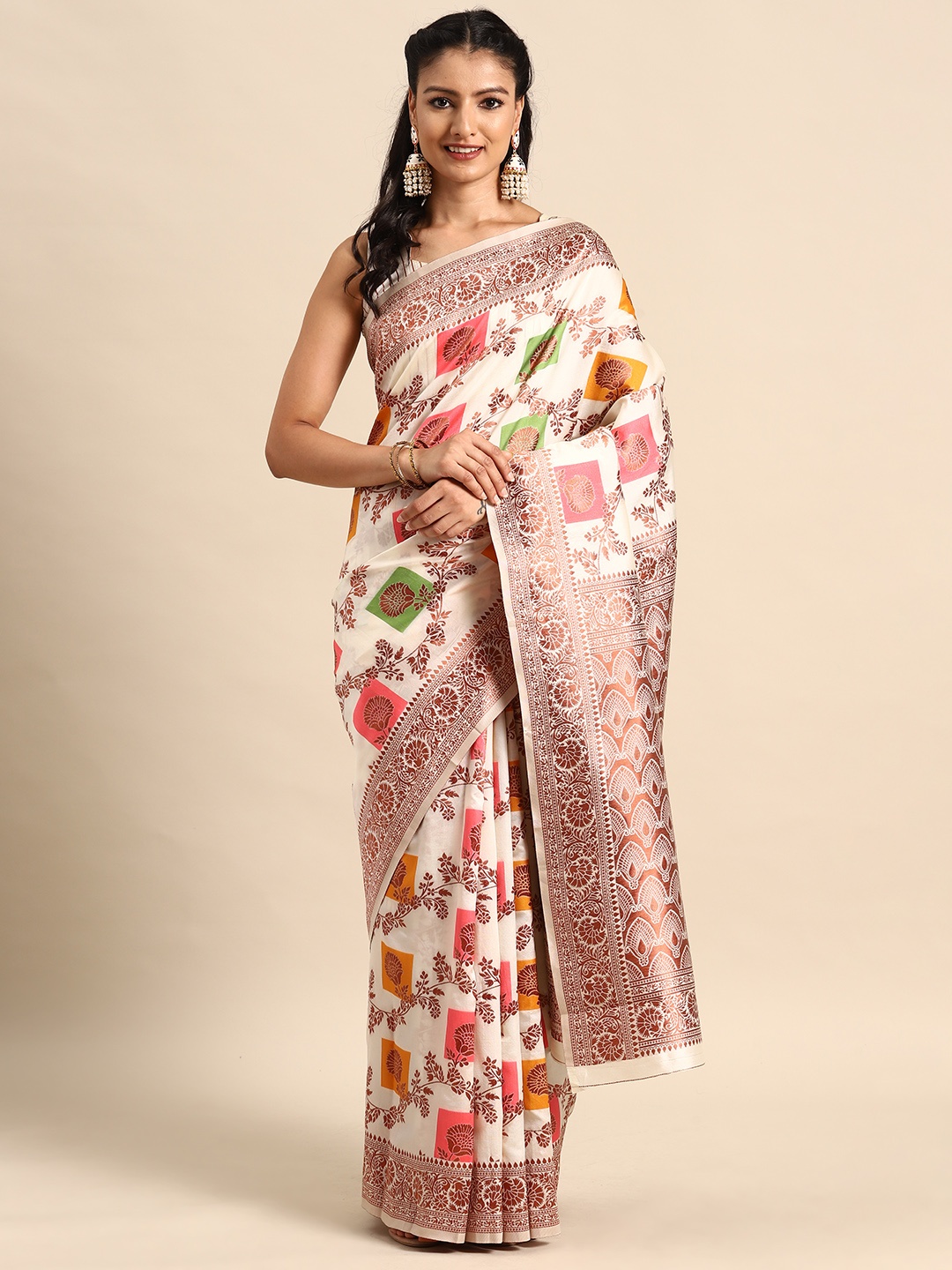 

MANOHARI Floral Embroidered Silk Blend Banarasi Saree, Beige