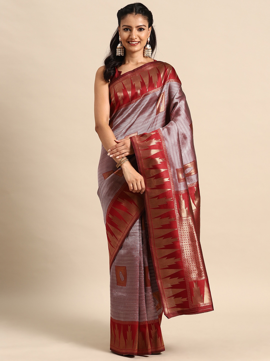 

MANOHARI Ethnic Motifs Zari Silk Blend Banarasi Saree, Maroon