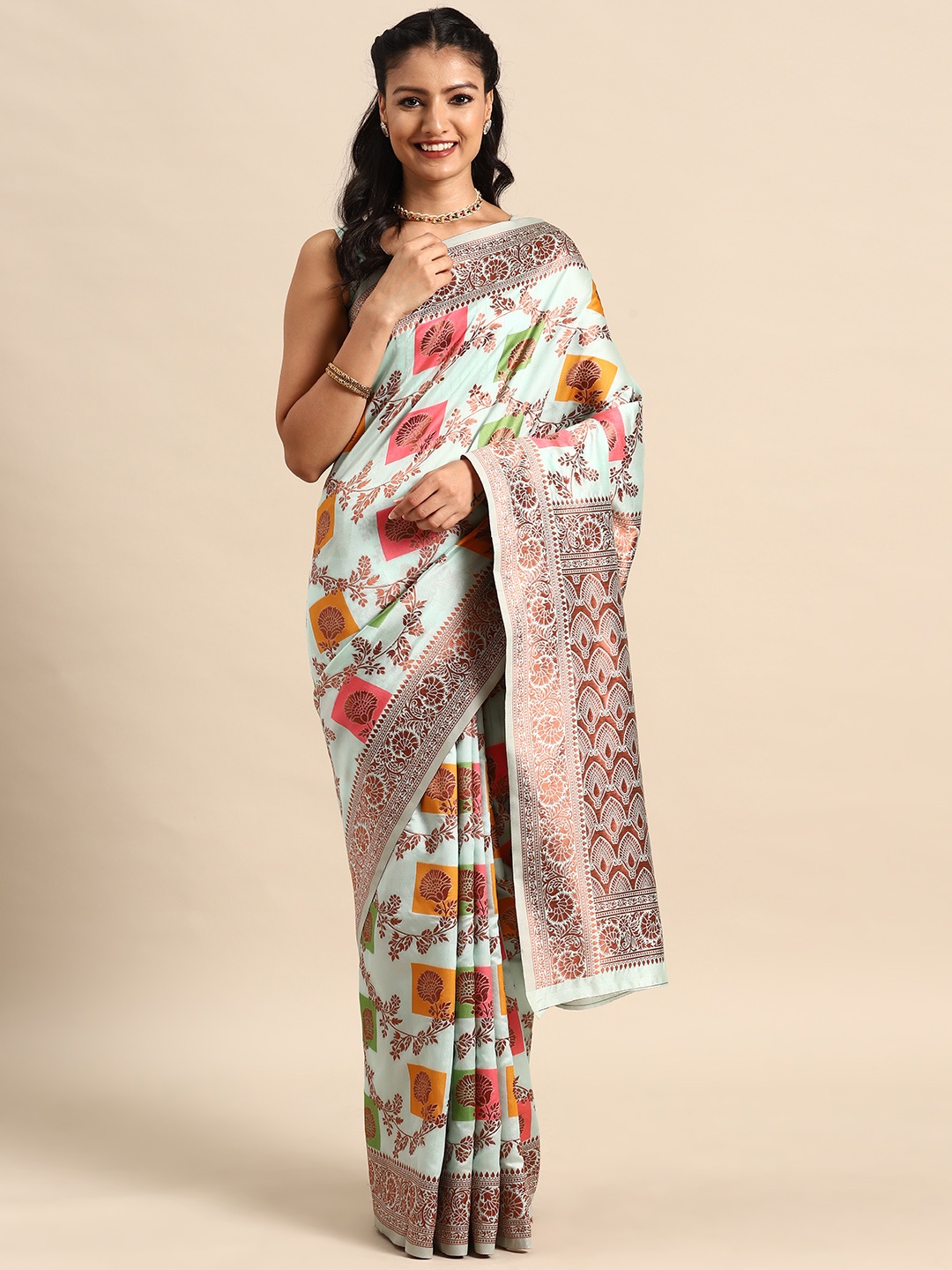 

MANOHARI Floral Zari Silk Blend Banarasi Saree, Turquoise blue