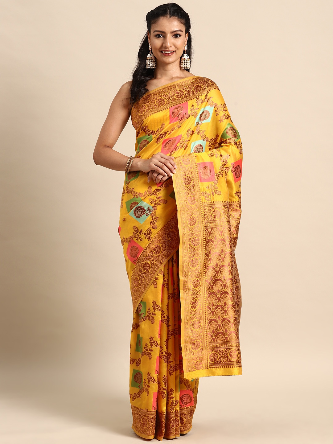 

MANOHARI Ethnic Motifs Embroidered Silk Blend Banarasi Saree, Mustard