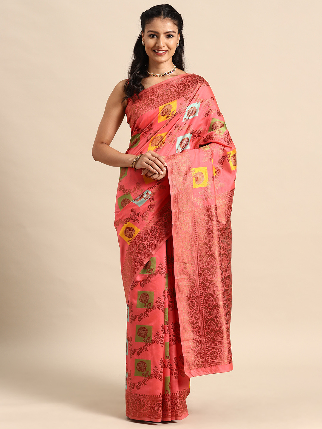 

MANOHARI Floral Embroidered Silk Blend Banarasi Saree, Pink
