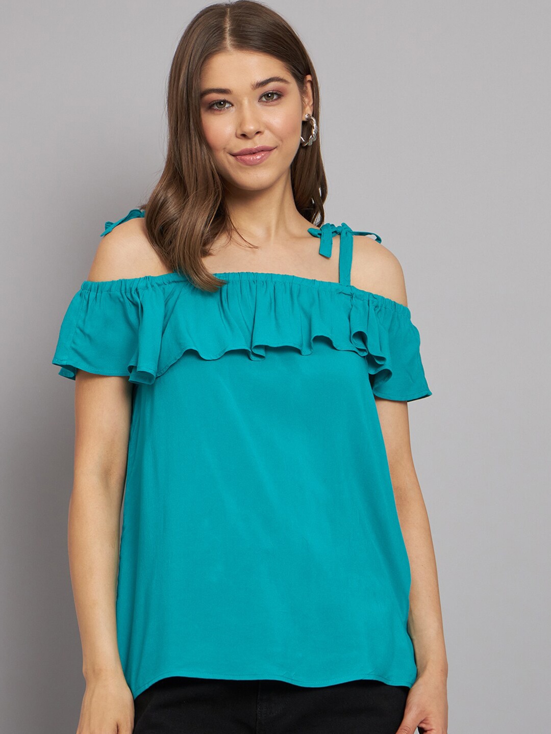 

NoBarr Shoulder Straps Ruffled Bardot Top, Green