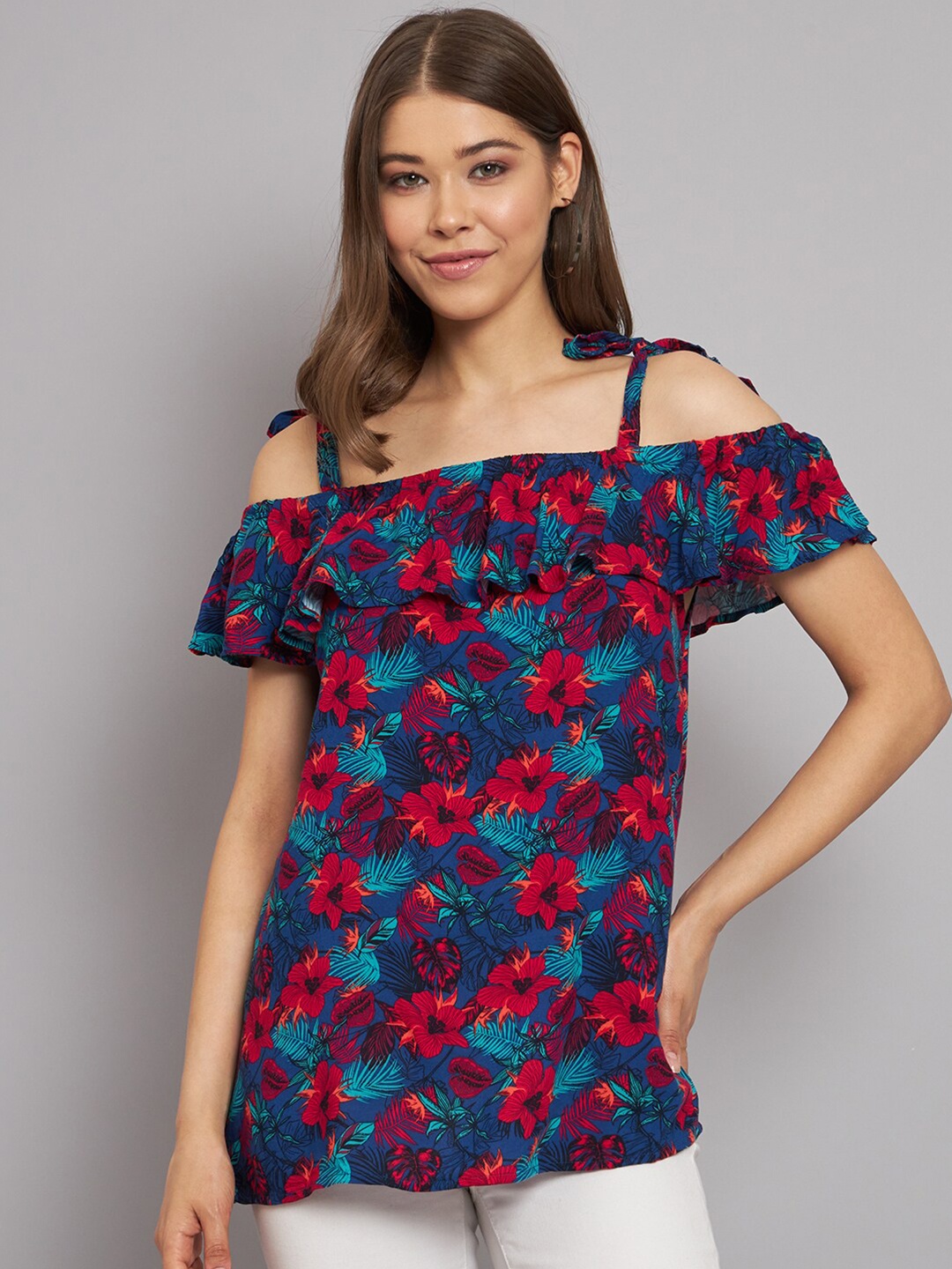 

NoBarr Floral Printed Shoulder Straps Ruffled Bardot Top, Teal