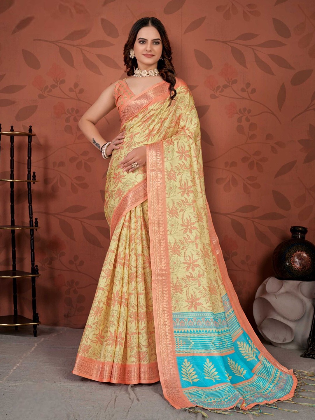 

Mitera Yellow & Orange Ethnic Motifs Zari Pure Cotton Saree
