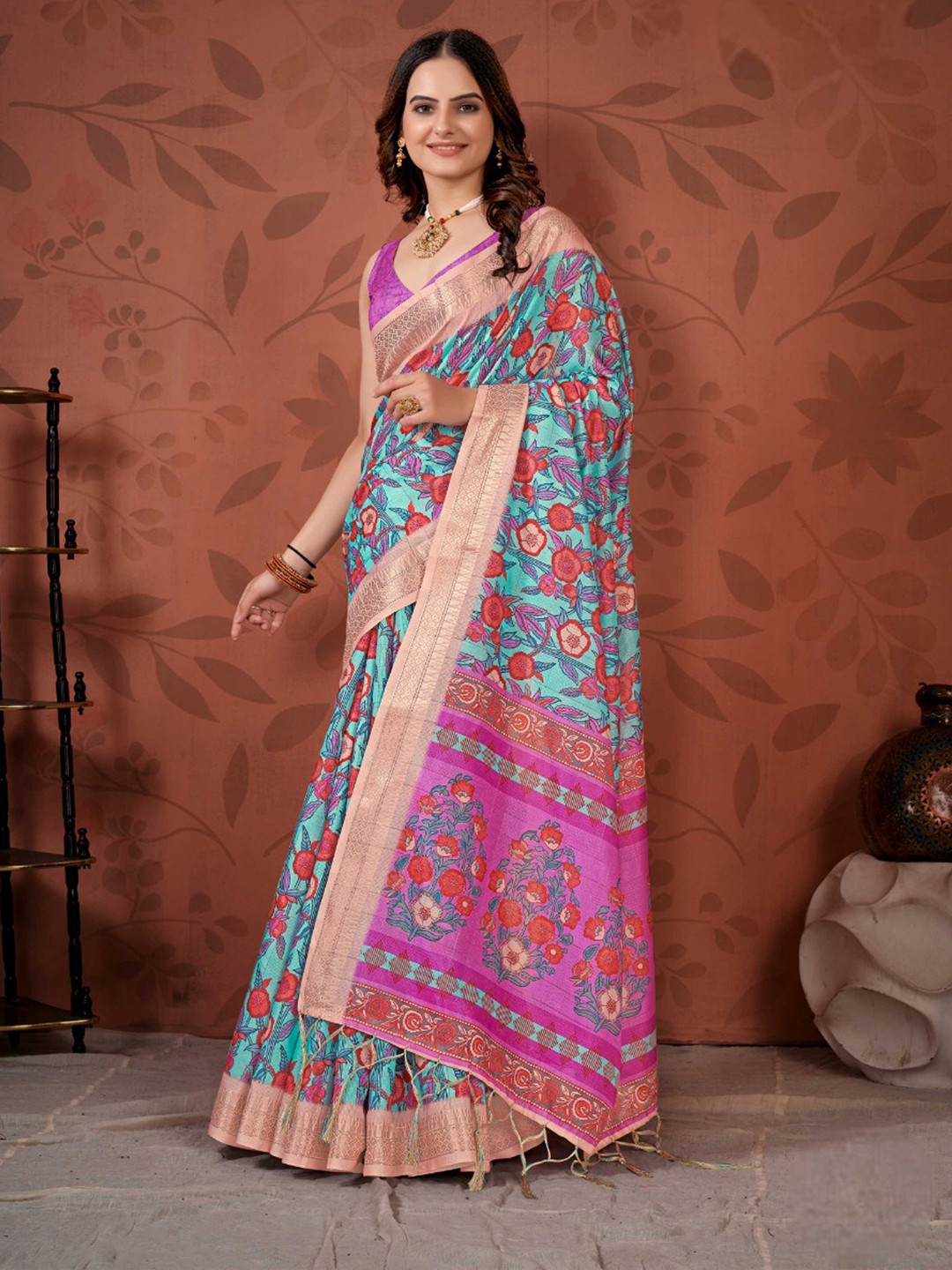 

Mitera Blue & Purple Floral Printed Zari Pure Cotton Saree, Turquoise blue