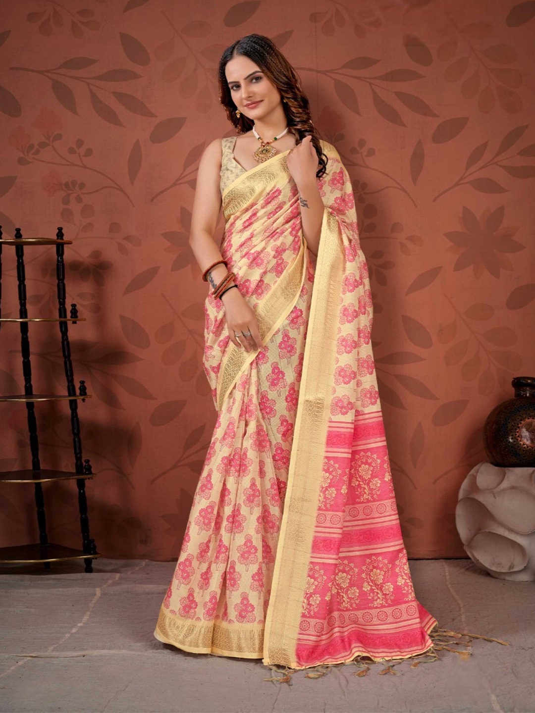 

Mitera Cream-Coloured & Pink Floral Zari Pure Cotton Saree