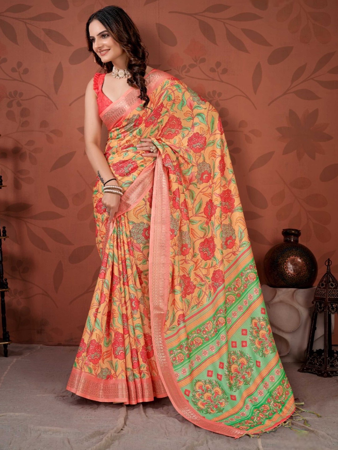 

Mitera Orange & Green Floral Printed Zari Pure Cotton Saree
