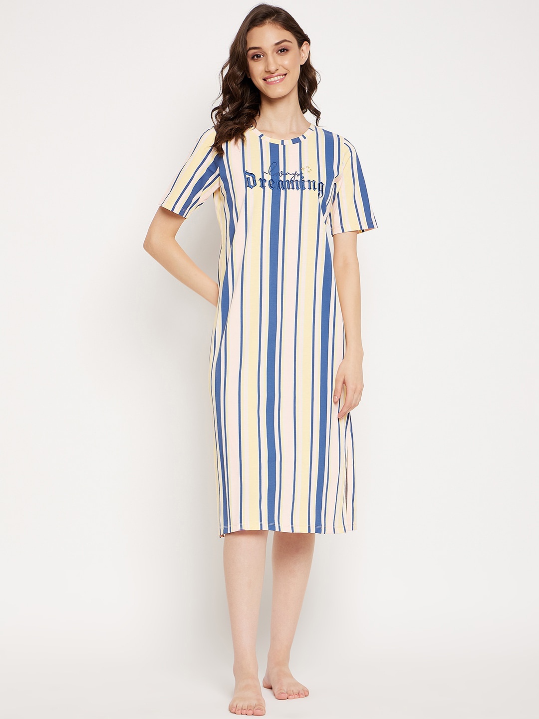

MADAME M SECRET Vertical Striped T-Shirt Midi Nightdress, Blue