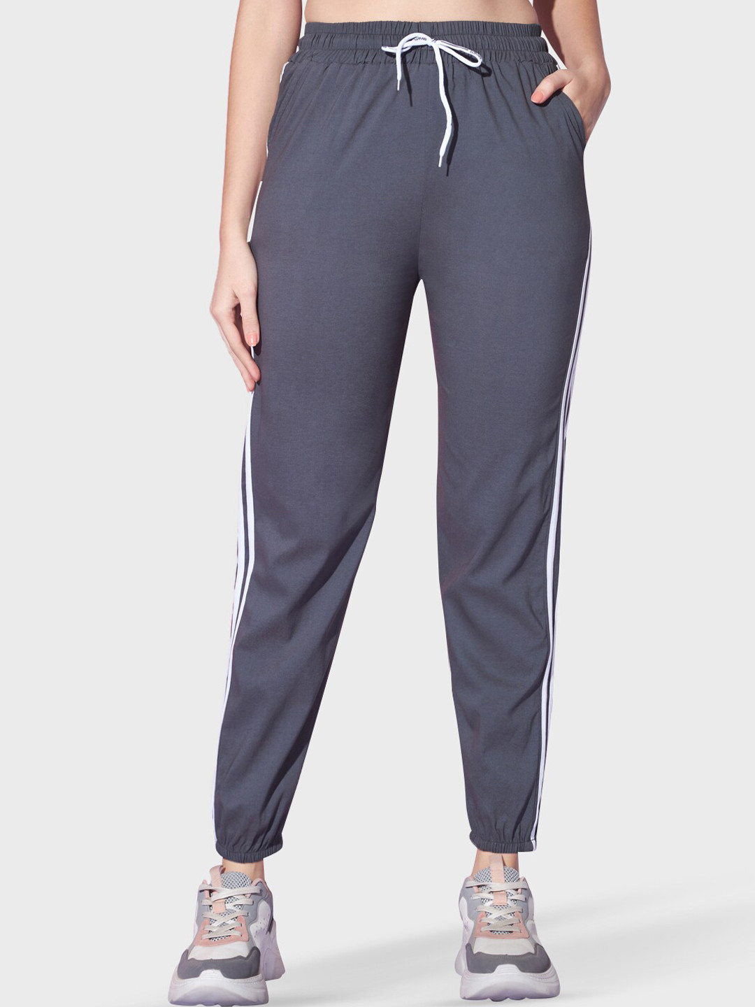 

BUY NEW TREND Women Striped Contrast Taping Relaxed Fit Cotton Sports Joggers, Grey