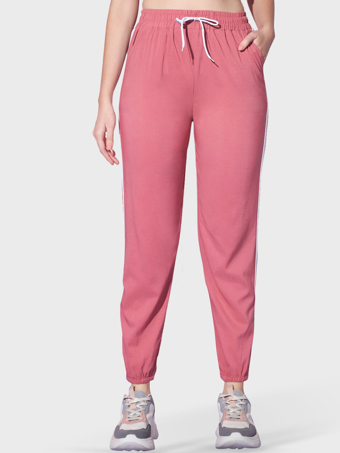 

BUY NEW TREND Women Striped Contrast Taping Relaxed Fit Cotton Joggers, Pink