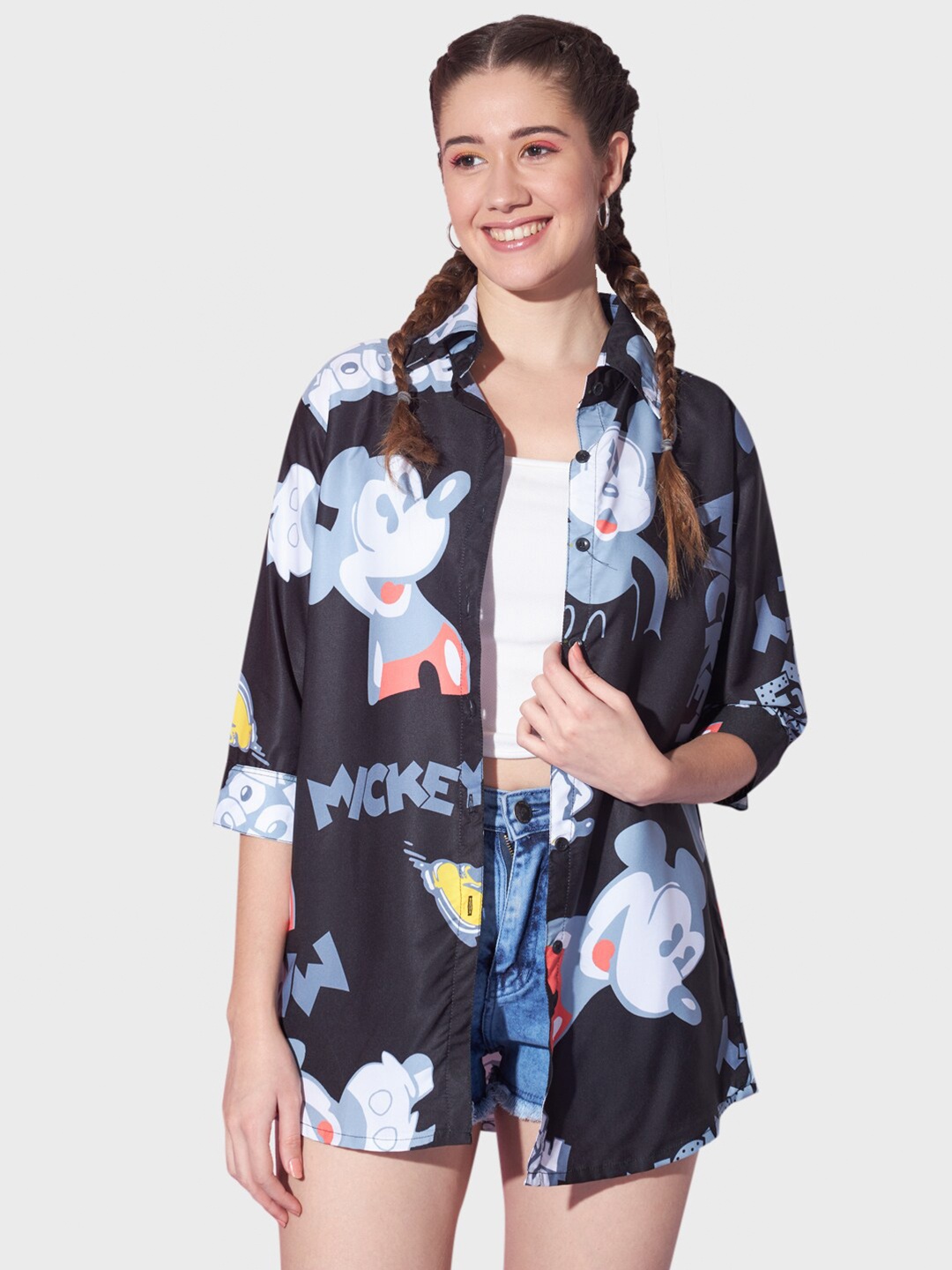 

BUY NEW TREND Relaxed Mickey Mouse Printed Casual Shirt, Black