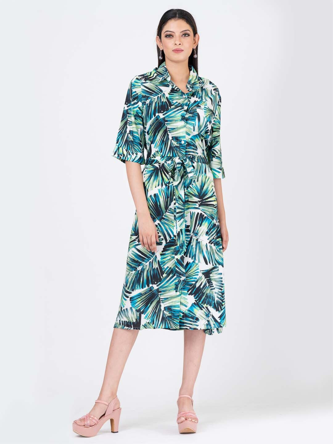 

S&F Tropical Printed Tie-ups Shirt Cotton Midi Dress, Green