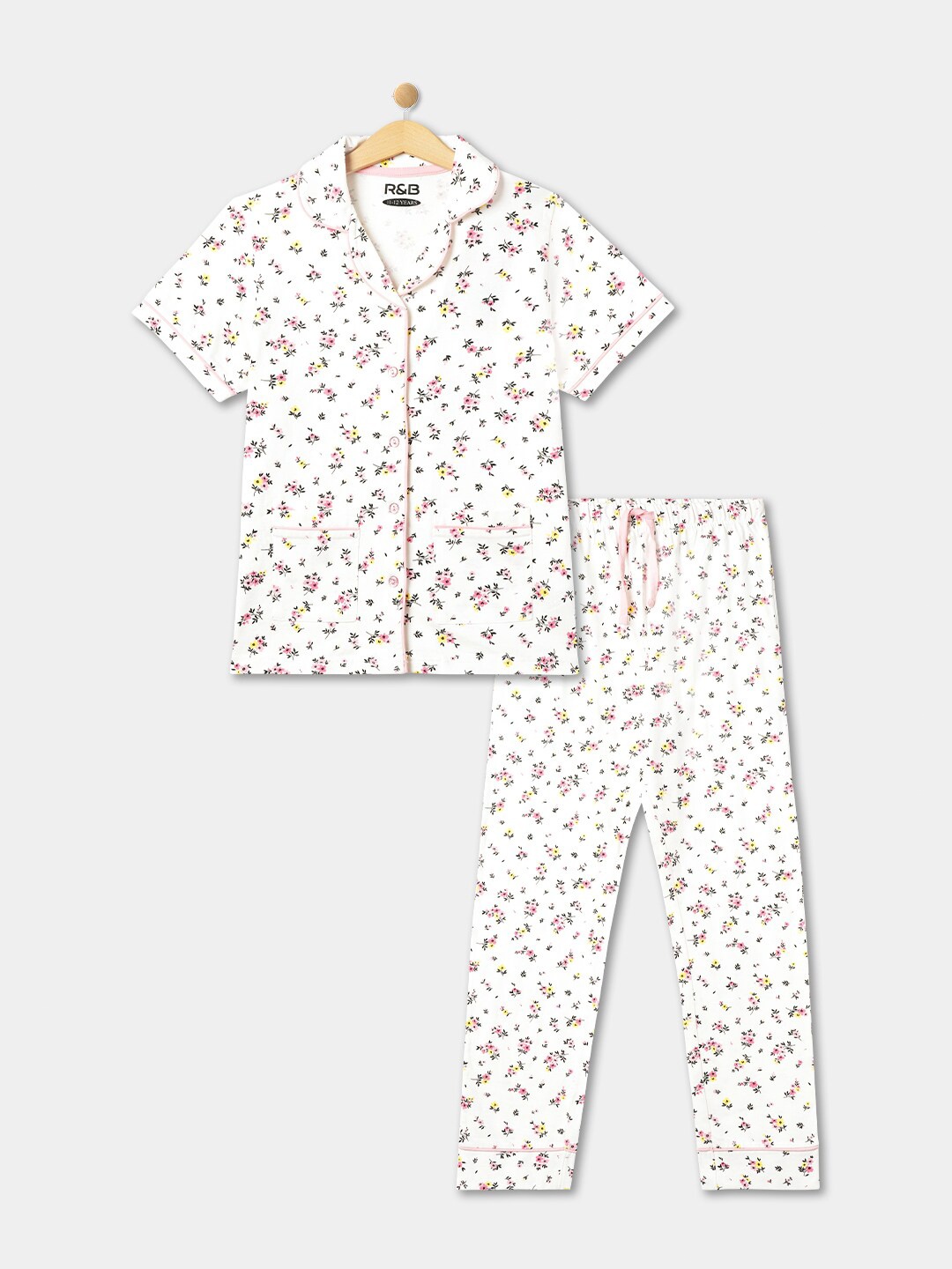 

R&B Girls Floral Printed Lapel Collar Shirt With Pyjamas Night suit, White
