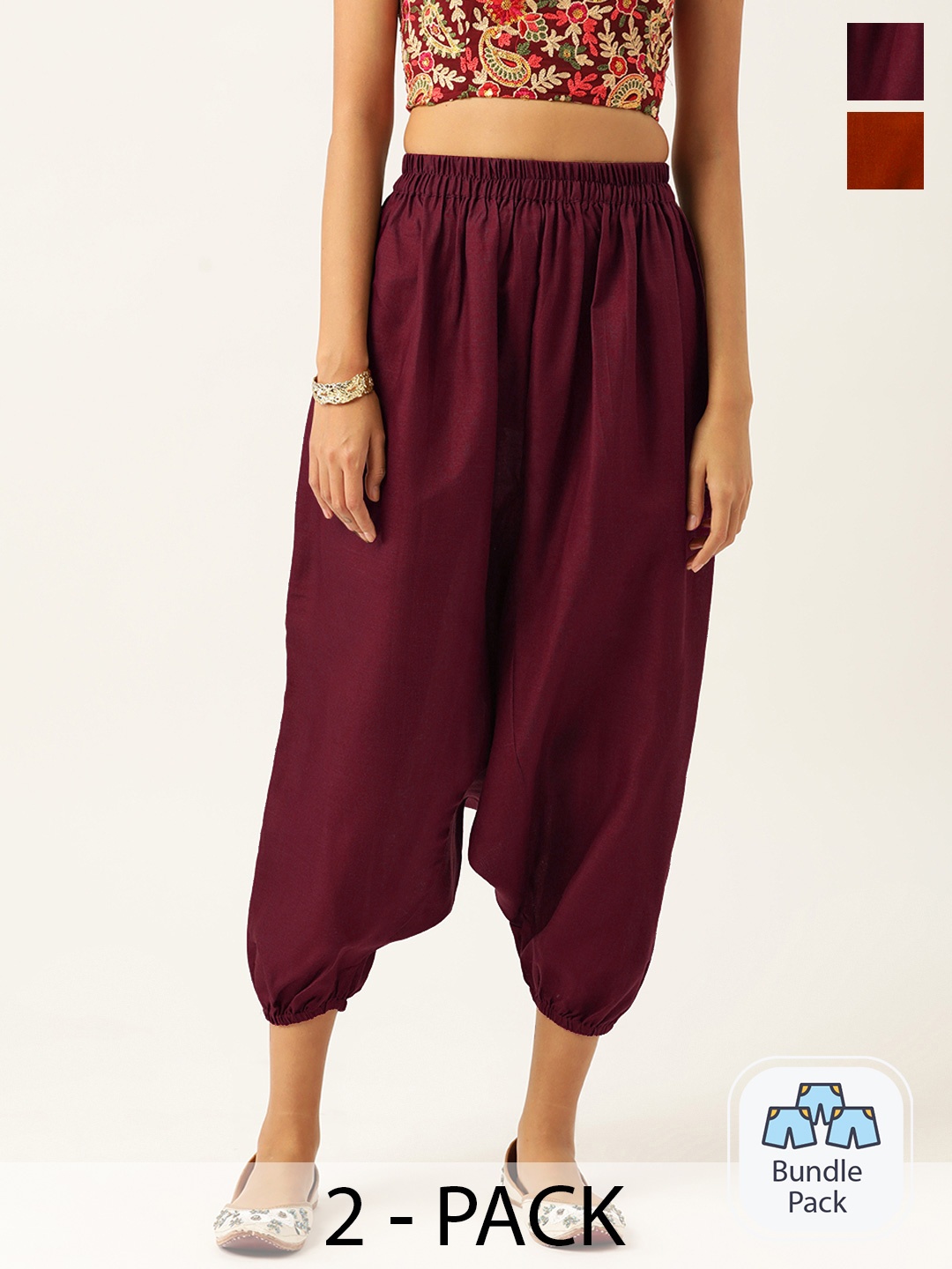 

Molcha Women Pack Of 2 Loose-Fit Cotton Mid-Rise Harem Pants, Maroon